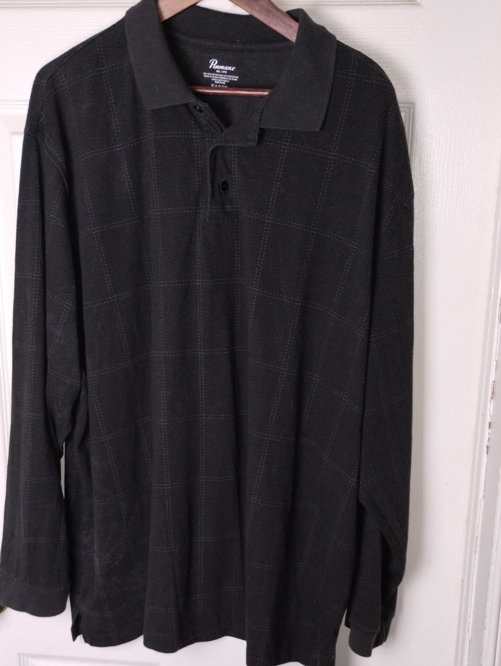 Penmans Charcoal Windowpane Long-Sleeve Polo 2XL